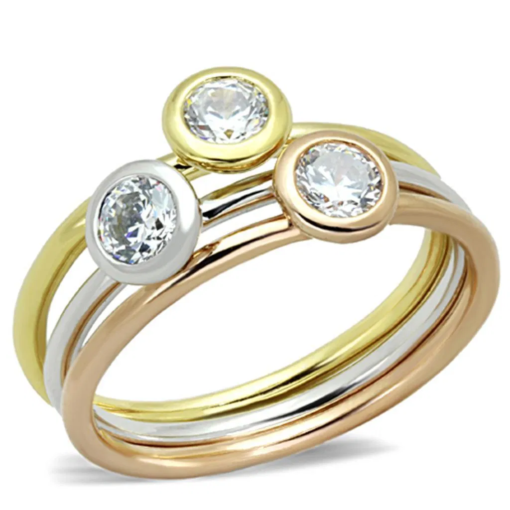 3W804 - Rhodium + Gold + Rose Gold Brass Ring with AAA Grade CZ in Clear - Grocery