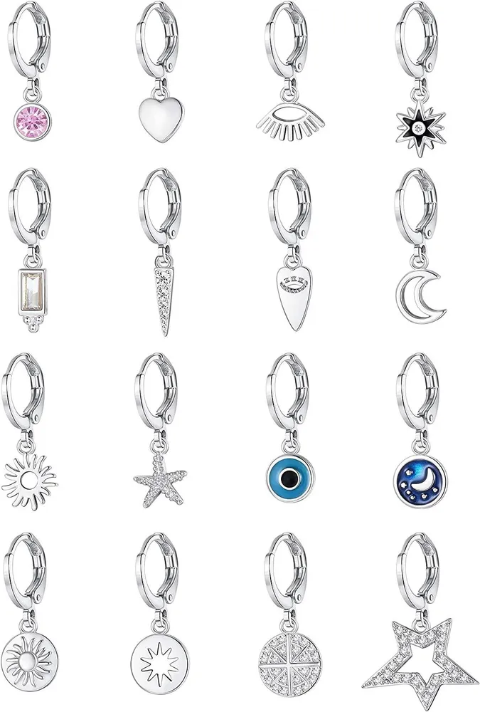 16 PCS Plated Small Dangle Earrings Set With Charm For Women Mini Hoop Dangle Earrings CZ Huggie Hoop Earrings - Grocery