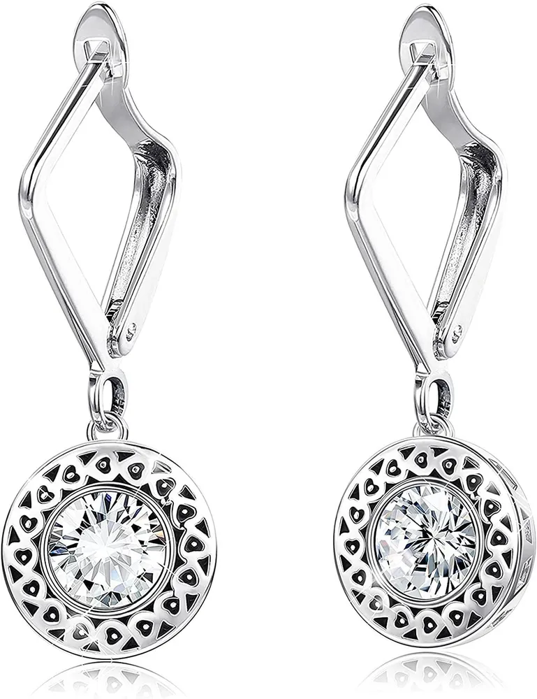 Vintage Halo Dangle Earrings for Women Round Bezel Set Drop Earrings 4MM Sparkly Cubic Zirconia Bride Earrings Dainty Prom - Grocery