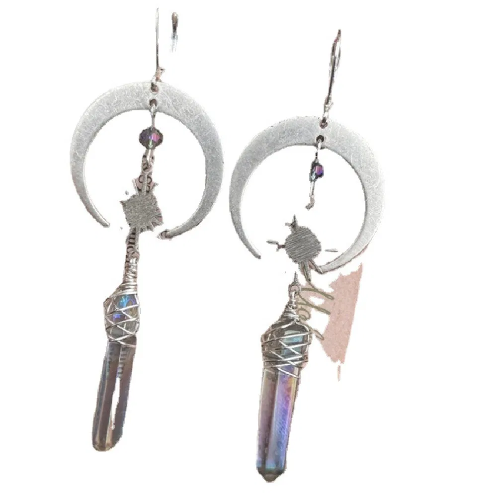 Simple Star Moon Crystal Pillar Earrings - Grocery