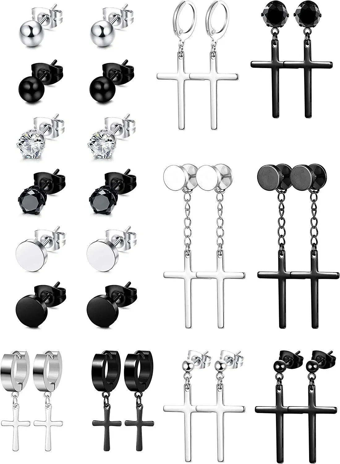 14 Pairs Stainless Dangle Cross Stud Earrings for Men Women Hoop CZ Stud Earrings Set Huggie Vintage Ear Piercing - Grocery