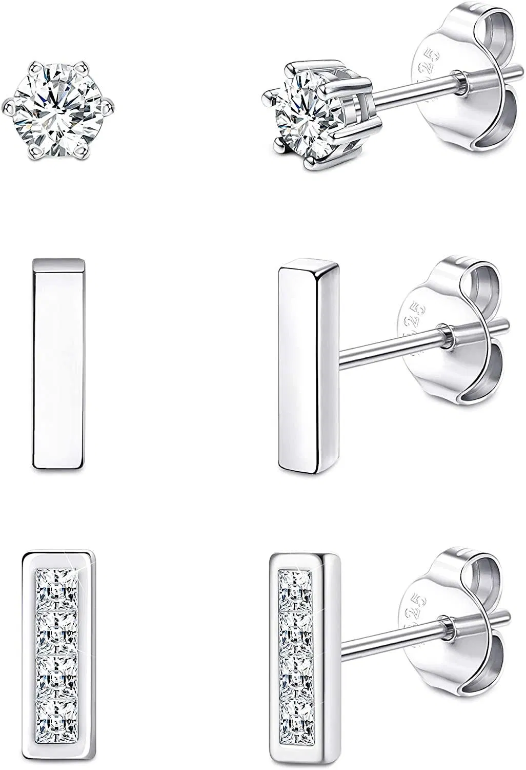 3 Pairs Sterling Silver Bar Stud Earrings Set Sterling Silver Tiny Cubic Zirconia Bar Cartilage Earrings Set for Women Man - Grocery