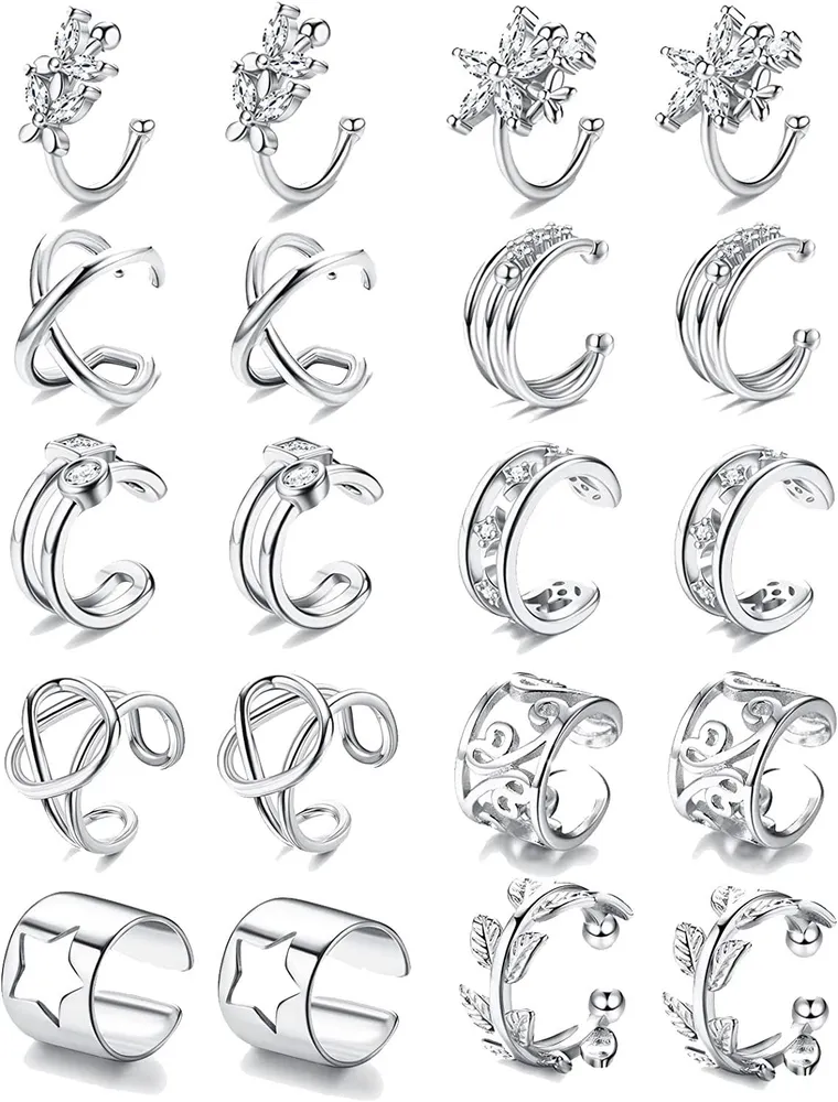 10 Pairs Ear Cuff Earrings for Women Adjustable Non-Piercing Ear Cuffs Cubic Zirconia Clip On Cartilage Helix Wrap Earrings Set - Grocery
