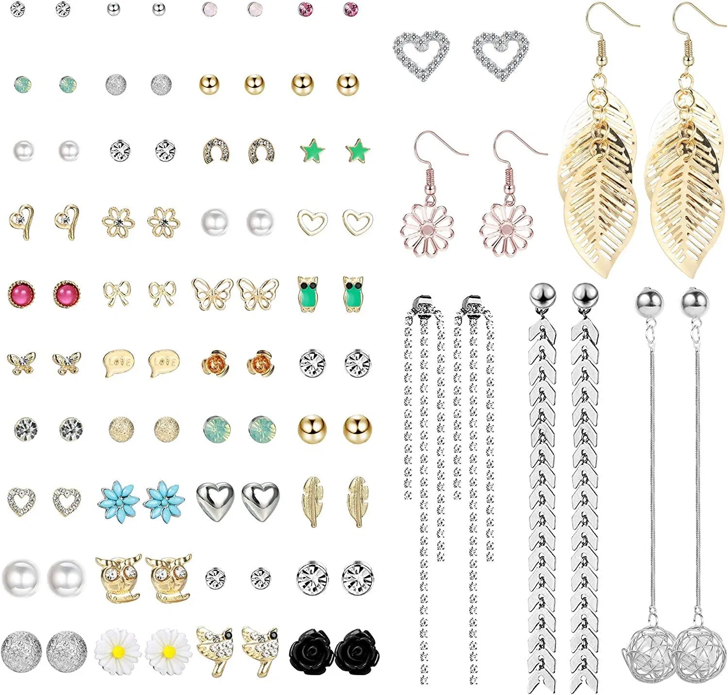 46 Pairs Assorted Multiple Stud drop dangle Earrings Set Vintage Fake Pearl Round Ball CZ Earrings Pack - Grocery