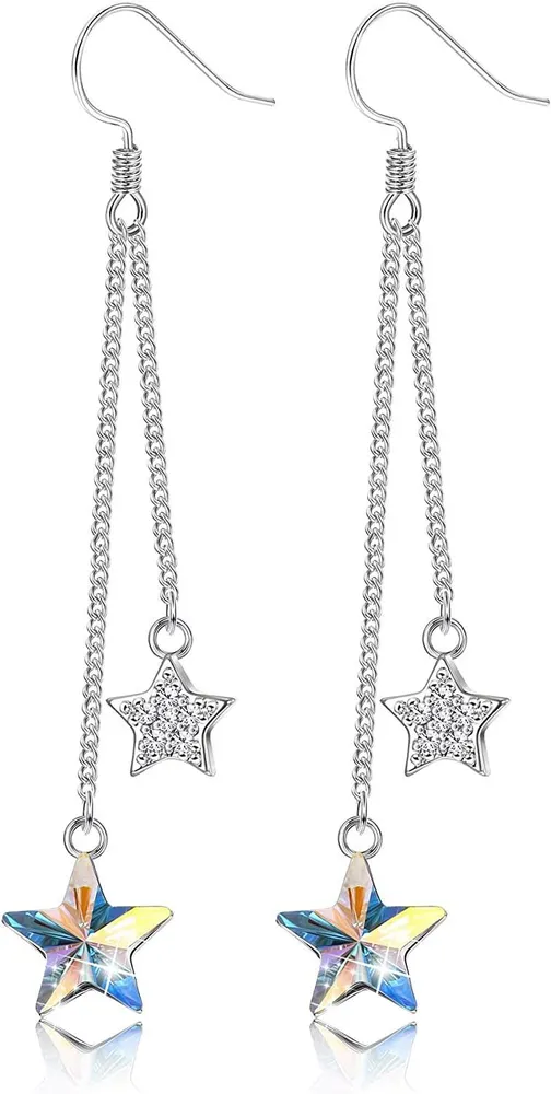 925 Sterling Silver Austria Crystals Blue Star Drop Dangle Earrings for Women 18K Platinum Plated Aurora Crystal Star Tassel Earrings - Grocery