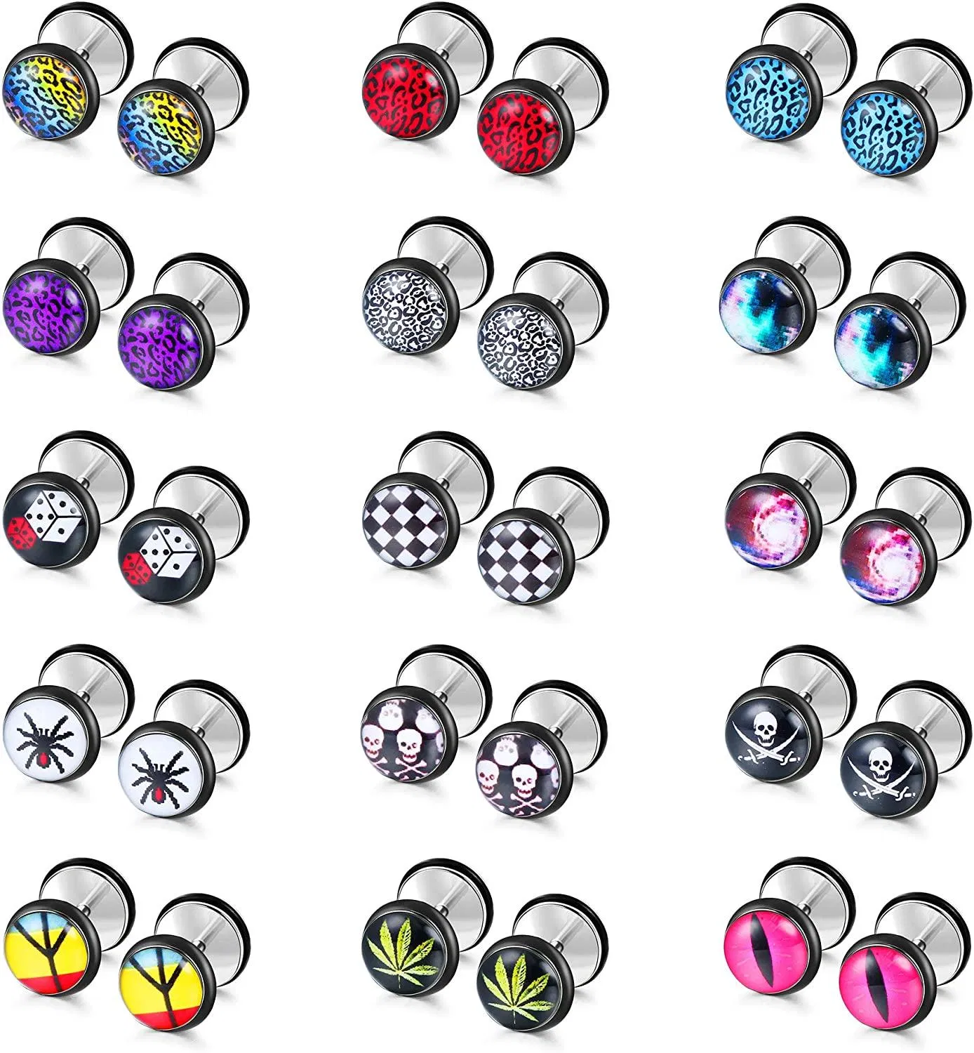 15 Pairs Fake Gauge Stud Earrings for Men Women Fake Ear Piercing Plugs Earrings Face Guage Illusion Tunnel Surgical Screw Flat Backed Stud Earrings Set - Grocery