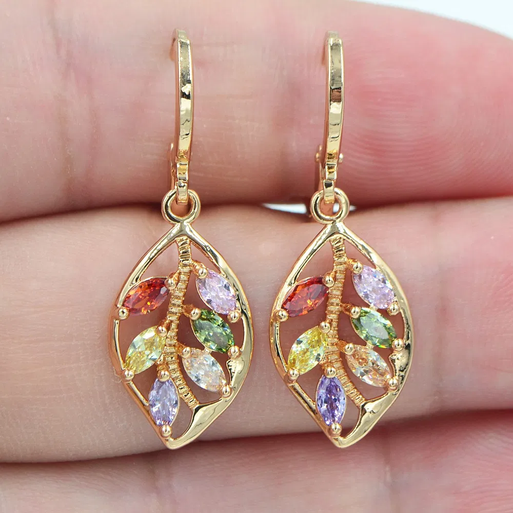 Multicolor Mystic Cubic Zirconia Women's Leaf Dangle Earrings Jewelry 14K Gold Plated Ear Decoration Gift - Grocery