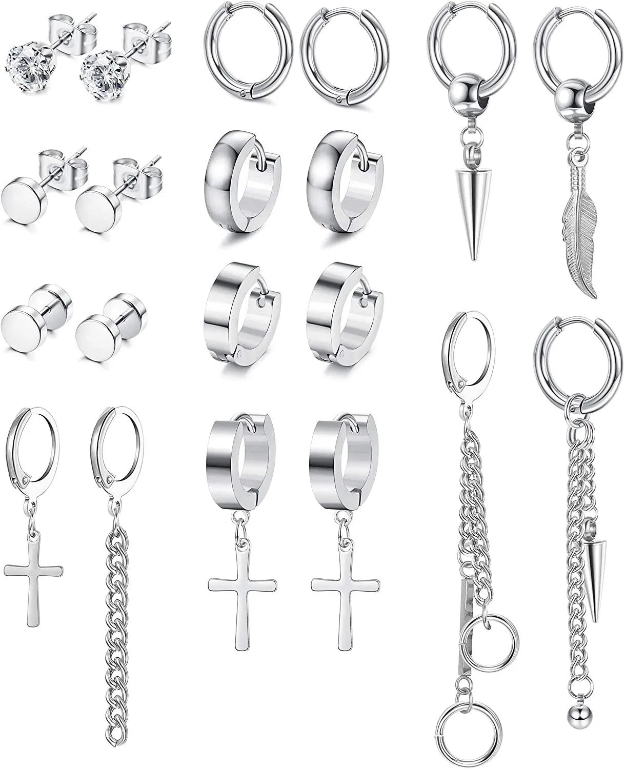 10 Pairs Stainless Dangle Earrings for Men Women Cool CZ Stud Hinged Hoop Cross Feather Chain Drop Earring Set - Grocery