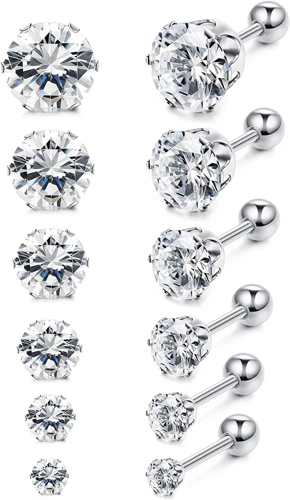 CZ Stud Earrings for Women Men Stainless Cubic Zirconia Earrings Set Screwback - Grocery