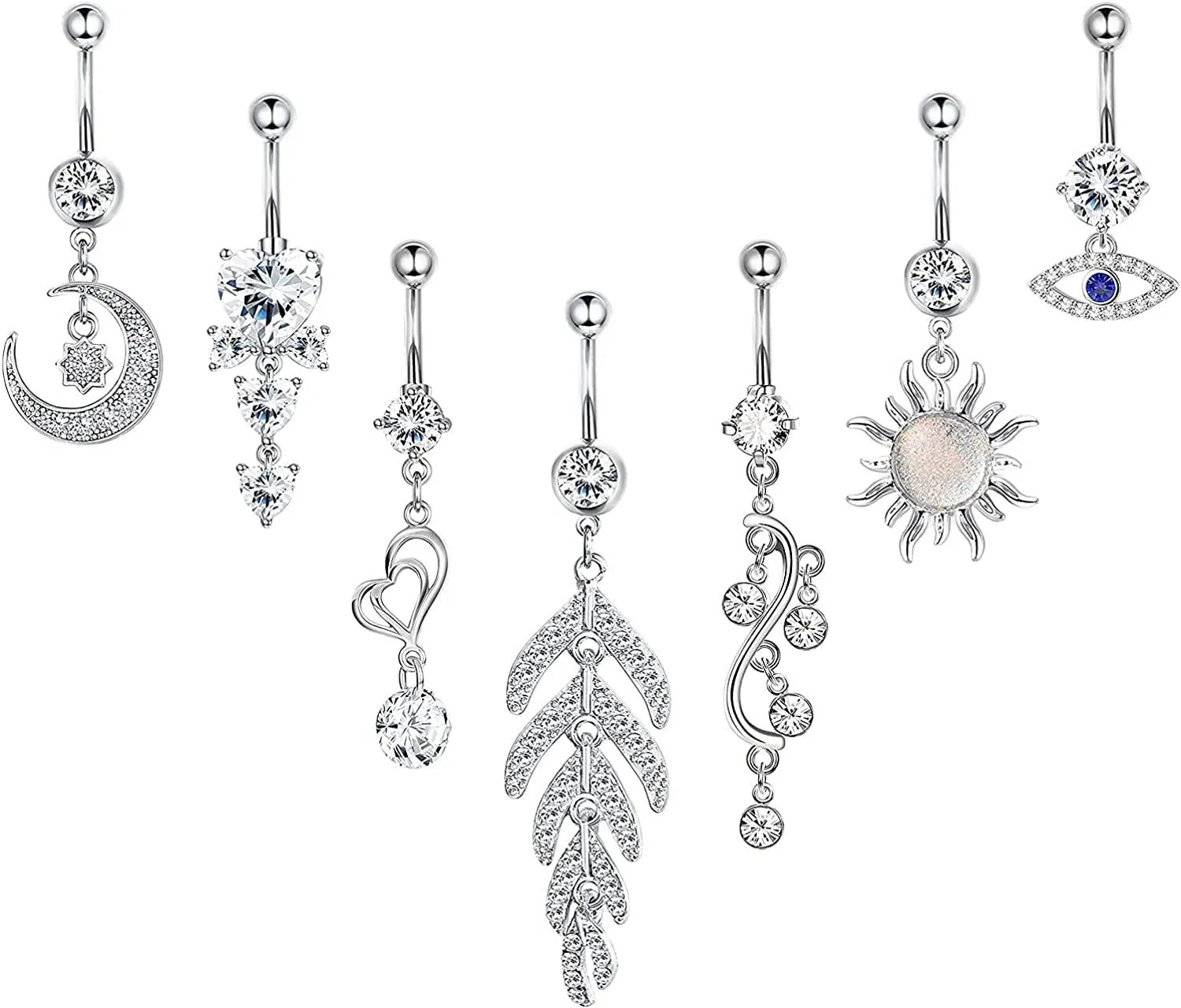 7Pcs 14G Dangle Belly Button Rings for Women Curved Navel Ring CZ Body Piercing 316L Stainless Steel Belly Button Rings Dangle Set - Grocery