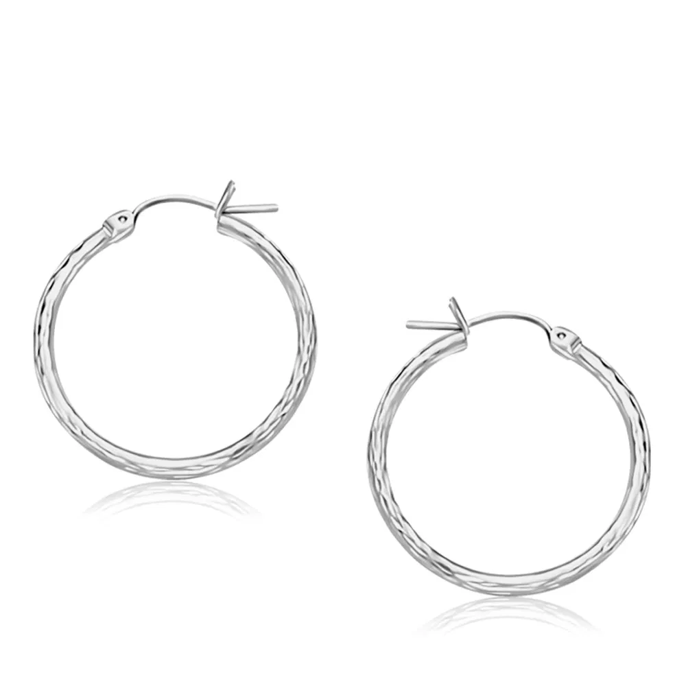 14k White Gold Diamond Cut Hoop Earrings (2x25mm) - Grocery
