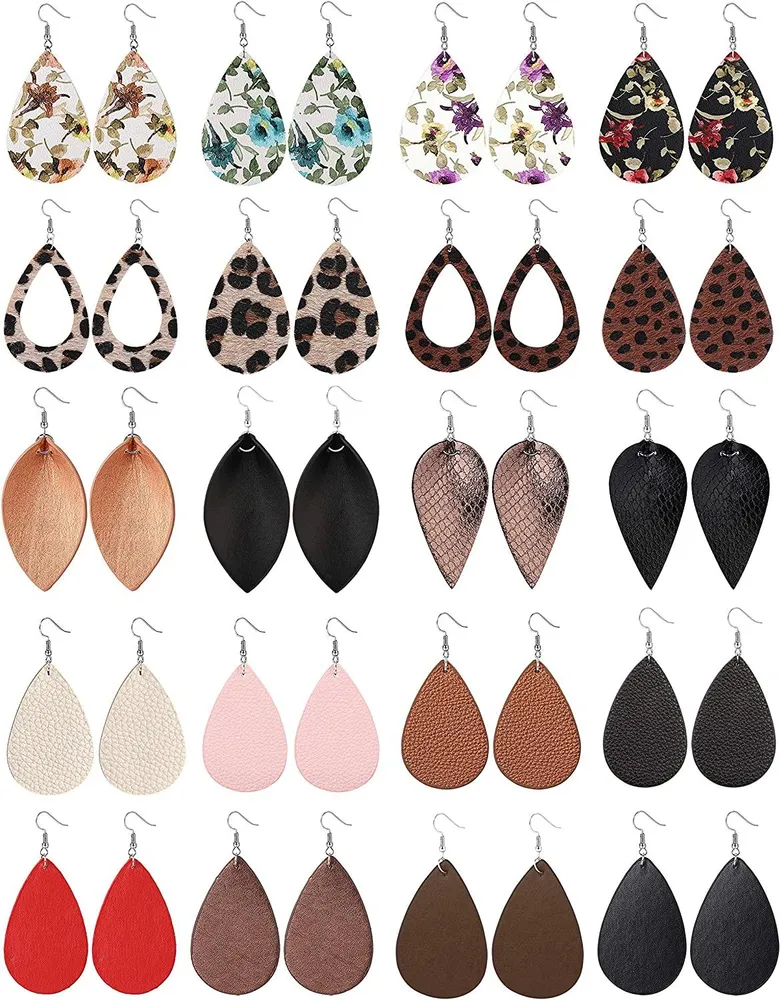 20Pair Teardrop Leather Earring for Women Leaf Bar Leopard Print Earrings Flower Petal Dangle Earring Lightweight - Grocery
