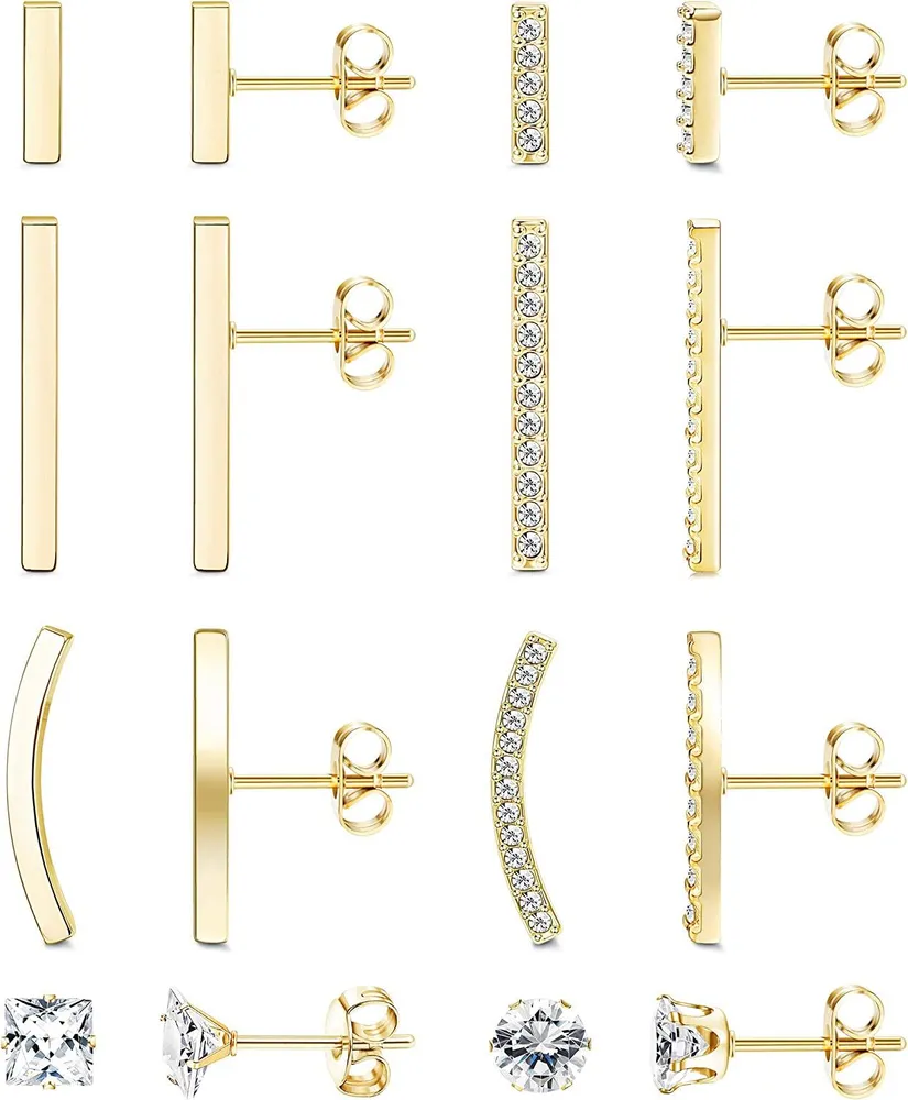 8 Pairs Dainty Bar Stud Earrings for Women CZ Minimalist Cartilage Bar Earrings Stainless Mini Stick Ear Climber Earrings Set - Grocery