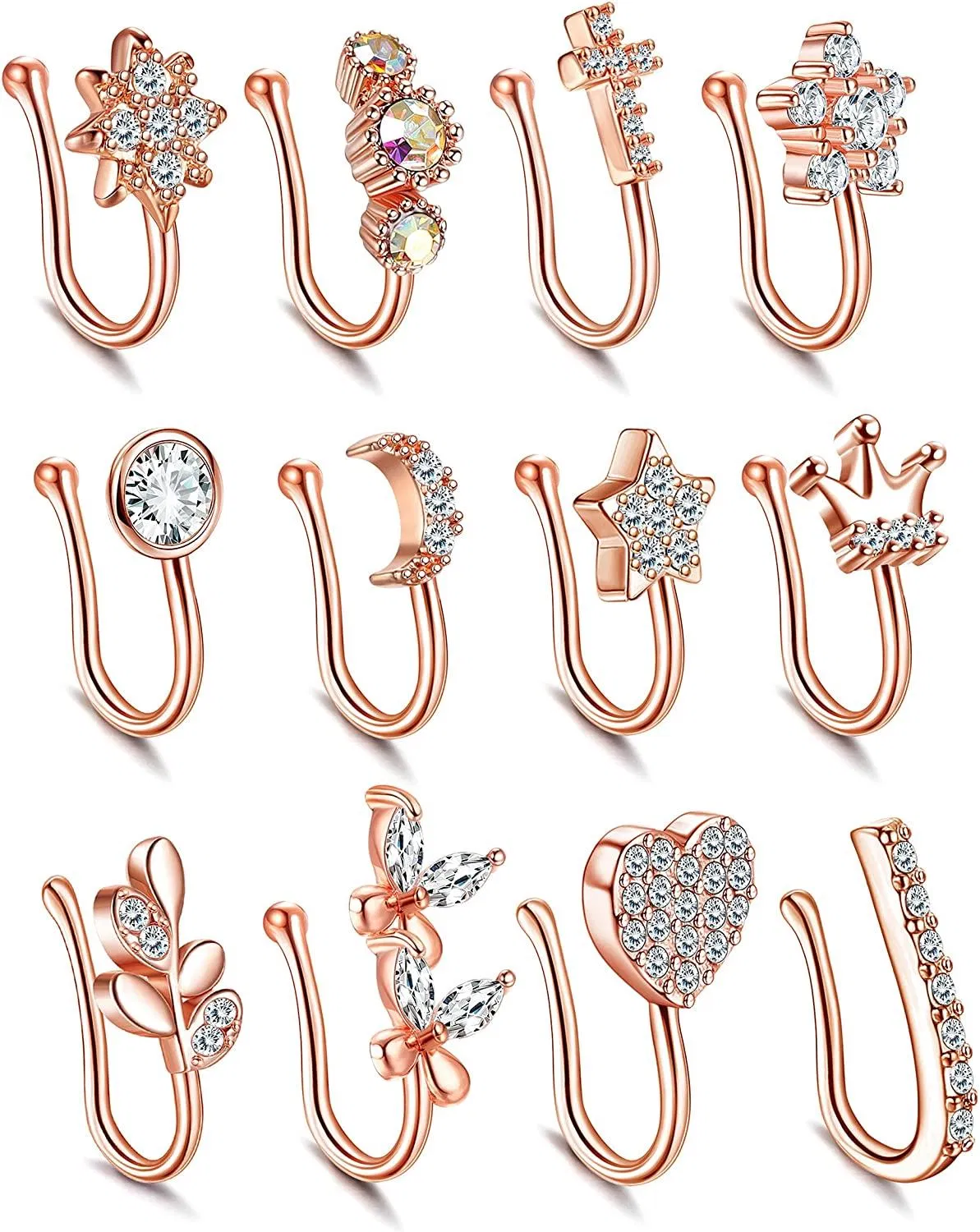 12 Pcs Hypoallergenic Fake Nose Rings Inlaid CZ Heart Star Fake Piercing Nose Rings for Women Men Clip On Nose Cuff for Non Piercing - Grocery
