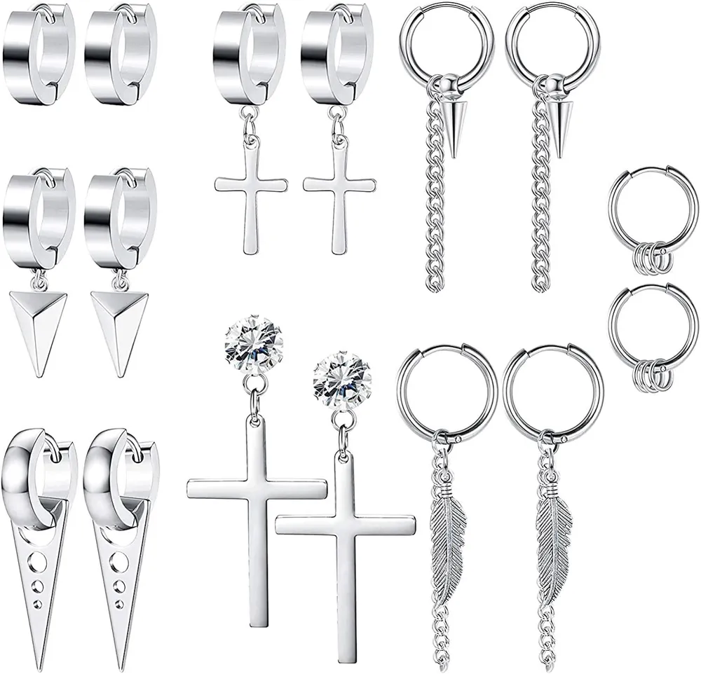 8 Pairs Stainless Stud Earrings Hoop Earrings for Men Women Small Hoop Drop Earrings Set Kpop Earrings Feather Piercing Huggie Cross Earrings Set - Grocery