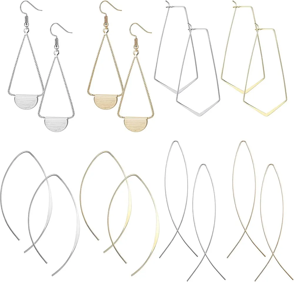 8 Pairs Lightweight Open Wire Needle Hoop Drop Dangle Earrings for Women Linear Long Threader Curved Hypoallergenic Earrings Set - Grocery