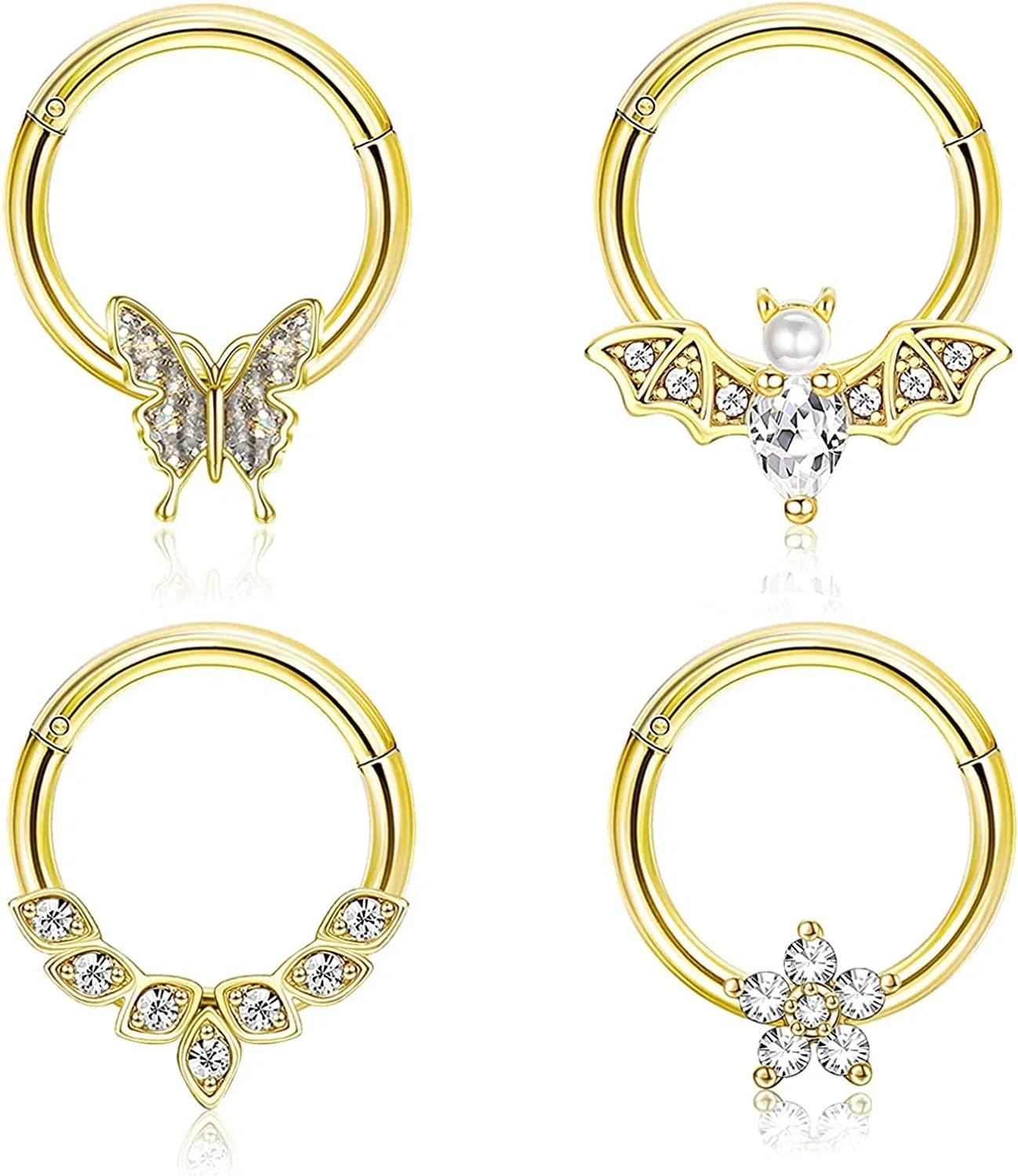 4Pcs 16G Septum Rings Stainless Hoop Nose Ring Cartilage Helix Piercing Tragus Hoop Daith Earrings CZ Butterfly Flower Bat Piercing Septum Jewerly10mm - Grocery