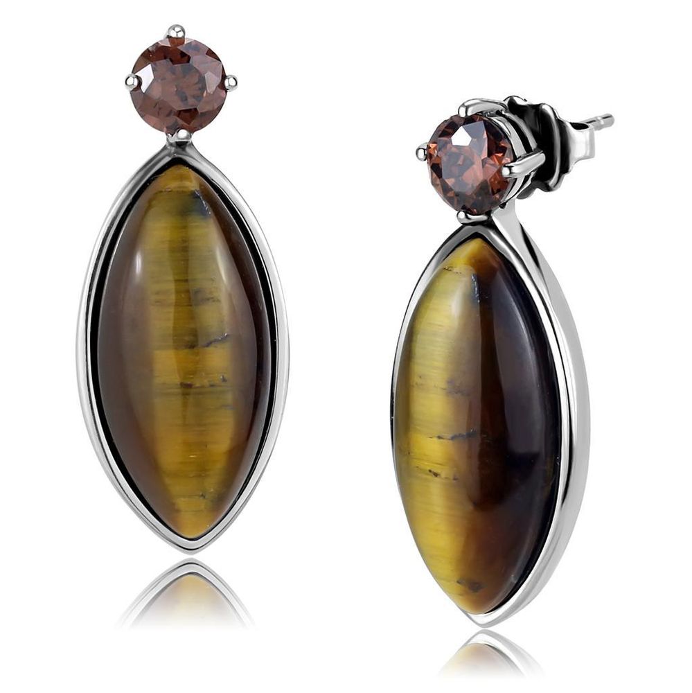 TK3488 - High polished (no plating) Stainless Steel Earrings with Semi-Precious Tiger Eye in Topaz - Grocery