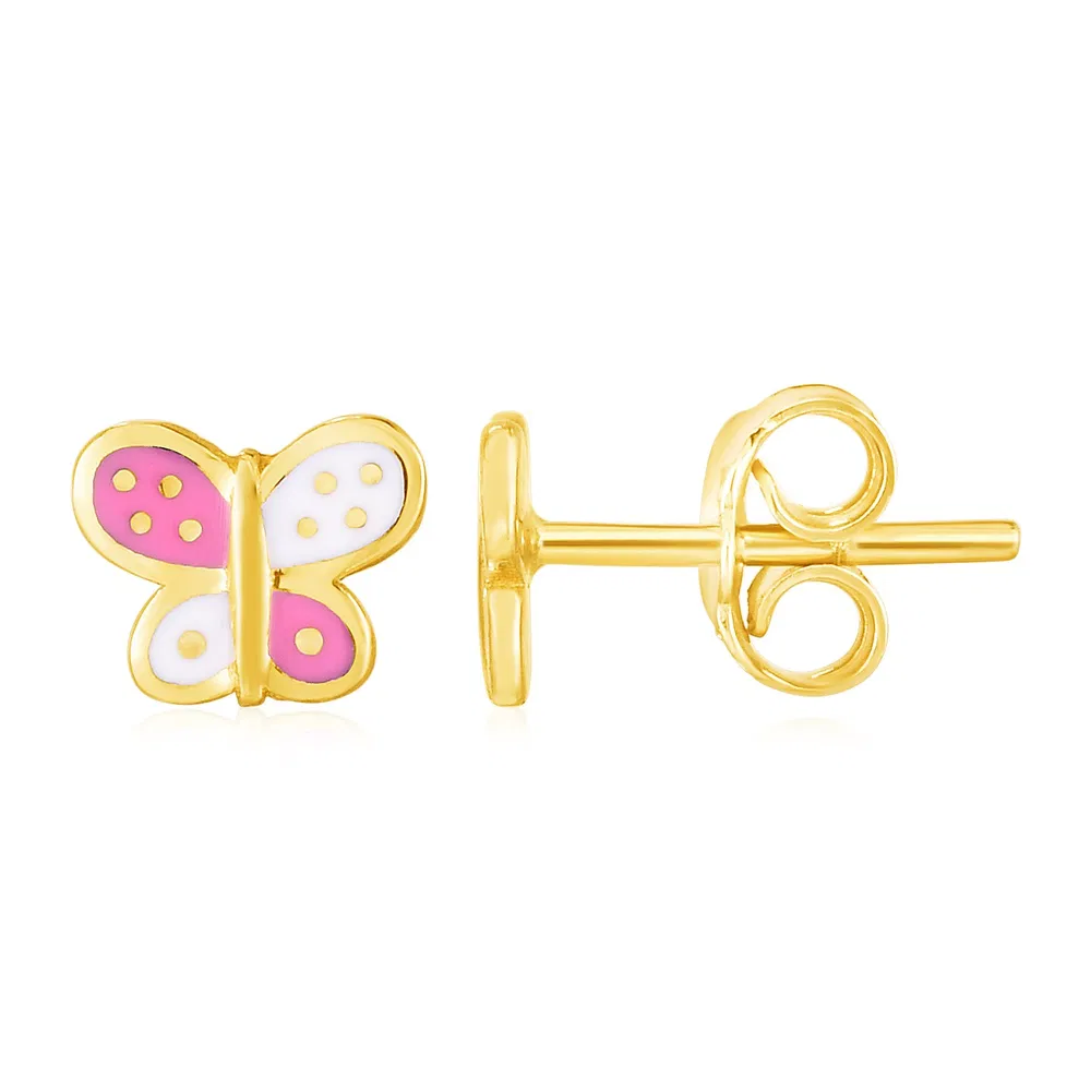 14k Yellow Gold and Enamel Pink and White Butterfly Stud Earrings - Grocery