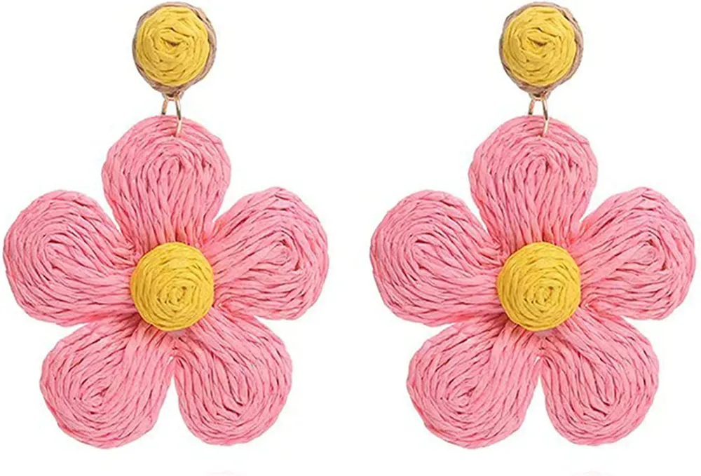 Bohemian Rattan Flower Drop Dangle Earring for Women Girl Teen Boho Colorful Raffia Straw Wicker Statement Earring Handmade Summer Tropical Beach Jewelry - Grocery
