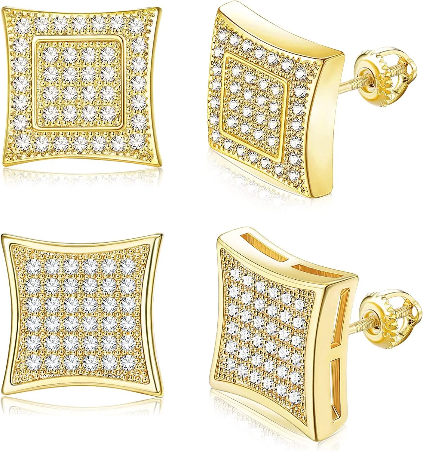 14K Gold Plated 925 Sterling Silver Iced Out CZ Stud Earrings Hypoallergenic Round Square Screw Back Stud Earrings for Men - Grocery