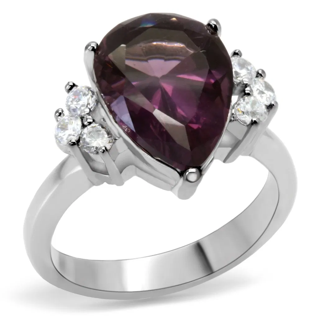 TK167 - High polished (no plating) Stainless Steel Ring with Synthetic Synthetic Glass in Amethyst - Grocery