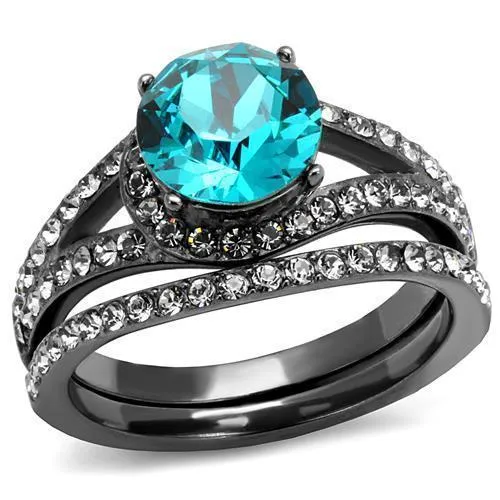 TK2744 - IP Light Black (IP Gun) Stainless Steel Ring with Top Grade Crystal in Blue Zircon - Grocery
