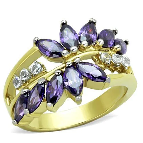 TK1568 - Two-Tone IP Gold (Ion Plating) Stainless Steel Ring with AAA Grade CZ in Amethyst - Grocery