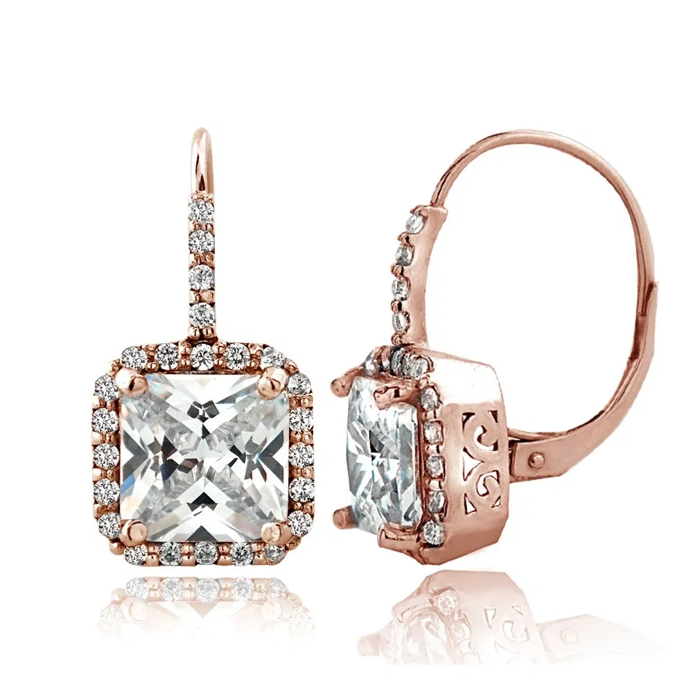 Rose Gold Tone 6.5ct CZ Square Halo Leverback Earrings - Grocery