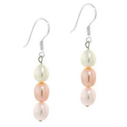 Genuine Freshwater Cultured White Peach and Pink Multicolor Pearl Silver Oval Earrings - Grocery