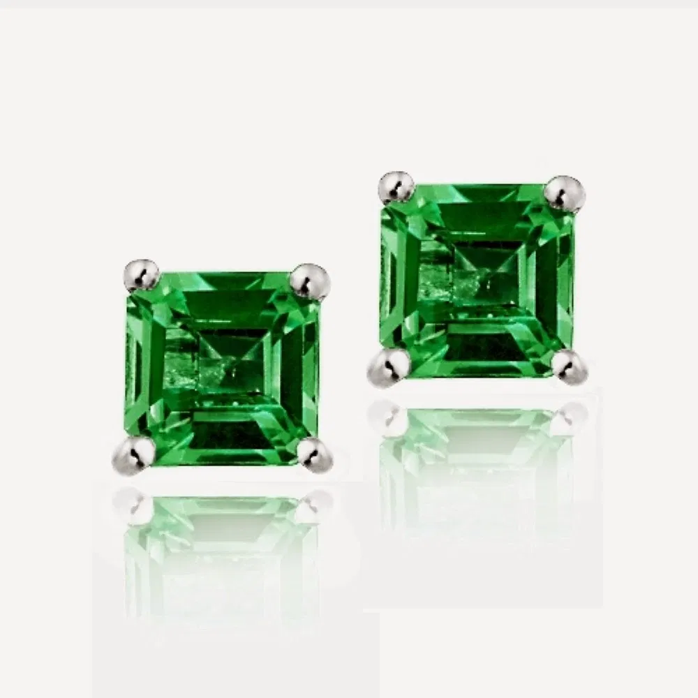 Sterling Silver 1.5ct Created Emerald Square Stud Earrings, 5mm - Grocery