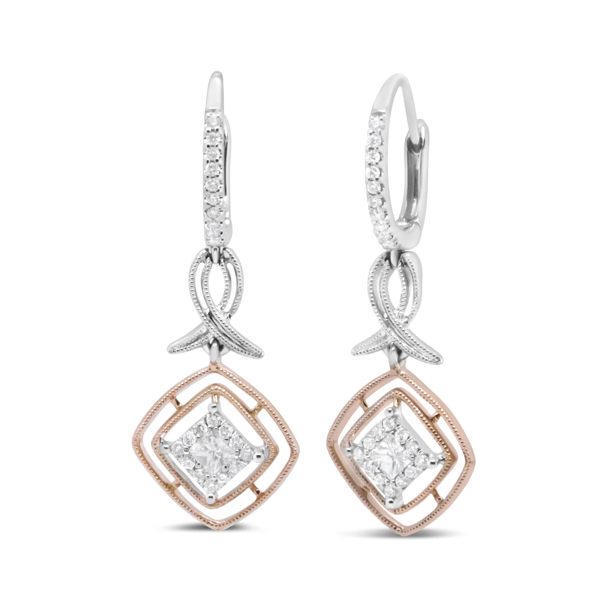 14K White and Rose Gold 1/2 Cttw Round and Princess-Cut Diamond Openwork Marquise Ribbon Dangle Earring (G-H Color, SI2-I1 Clarity) - Grocery