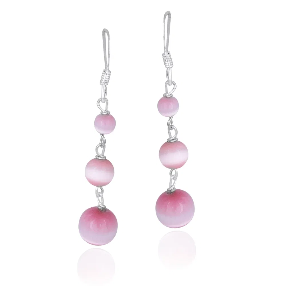 Sterling Silver Pink Cats Eye Bead Dangle Earrings - Grocery