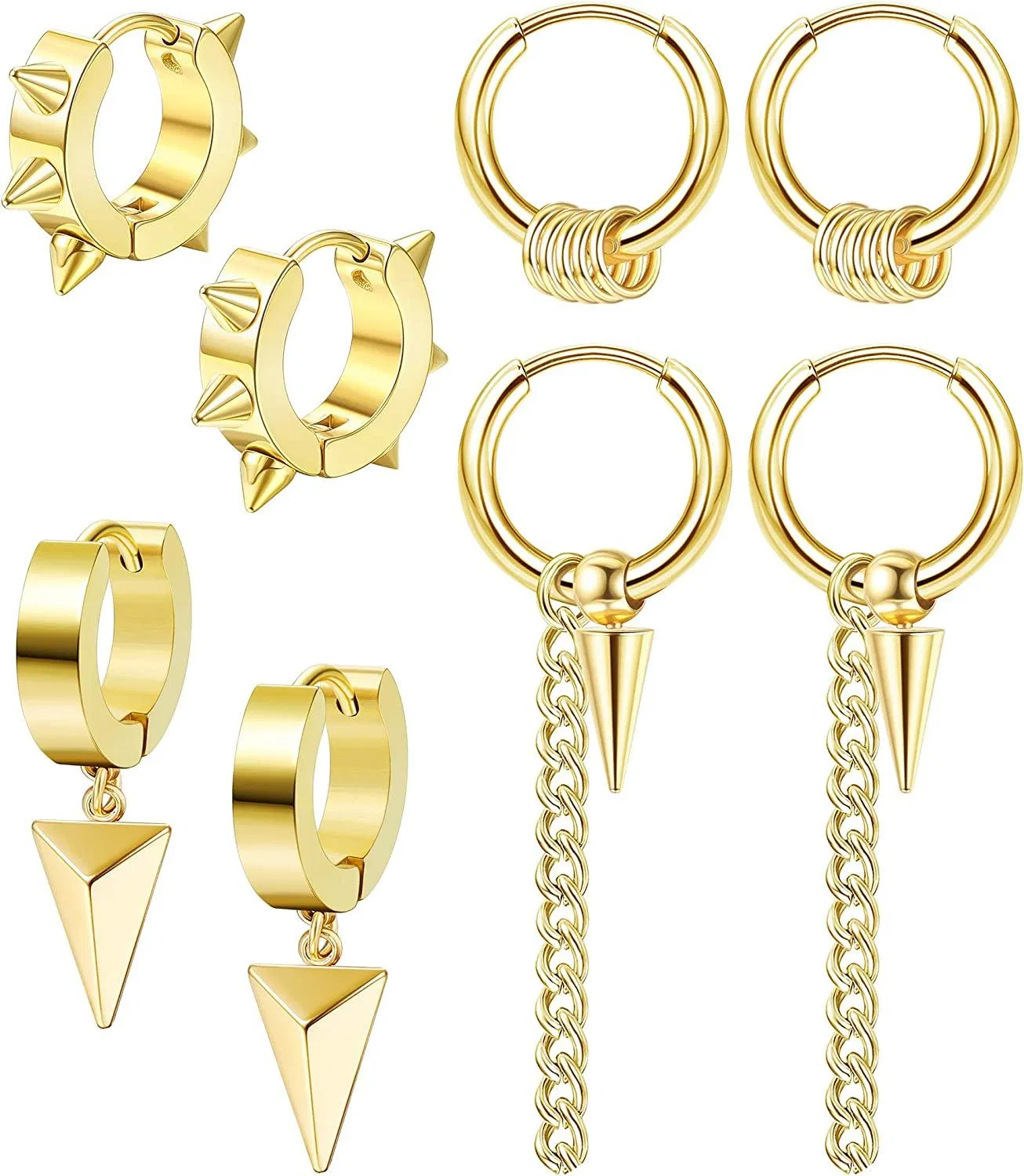 4 Pair Stainless Dangle Earrings for Men Women Hinged Hoop Earrings With Long Chains - Grocery