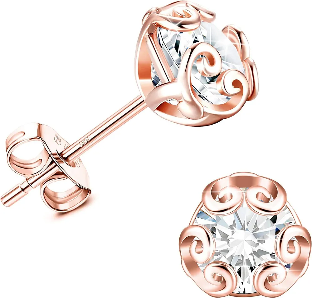 Sterling Cubic Zirconia Stud Earrings for Women Plated Stud Whited Gold Plated Fine Stones 6MM CZ Stud Earrings - Grocery