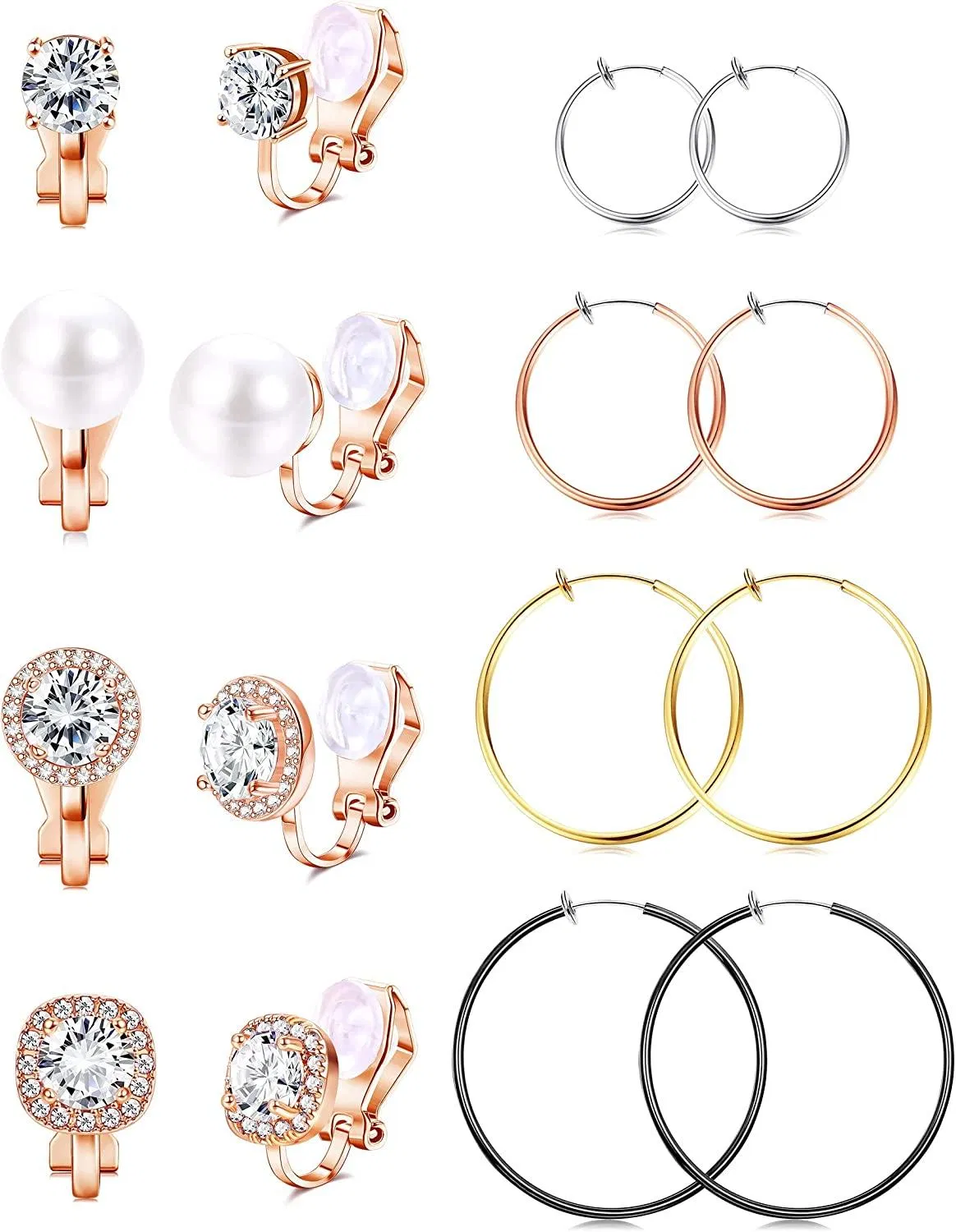Women's Cubic Zirconia Pearl Clip On Earrings Non Piercing Big Spring Hoop Earrings Sparked Fake Stud Earring for Non-pierced Ears - Grocery