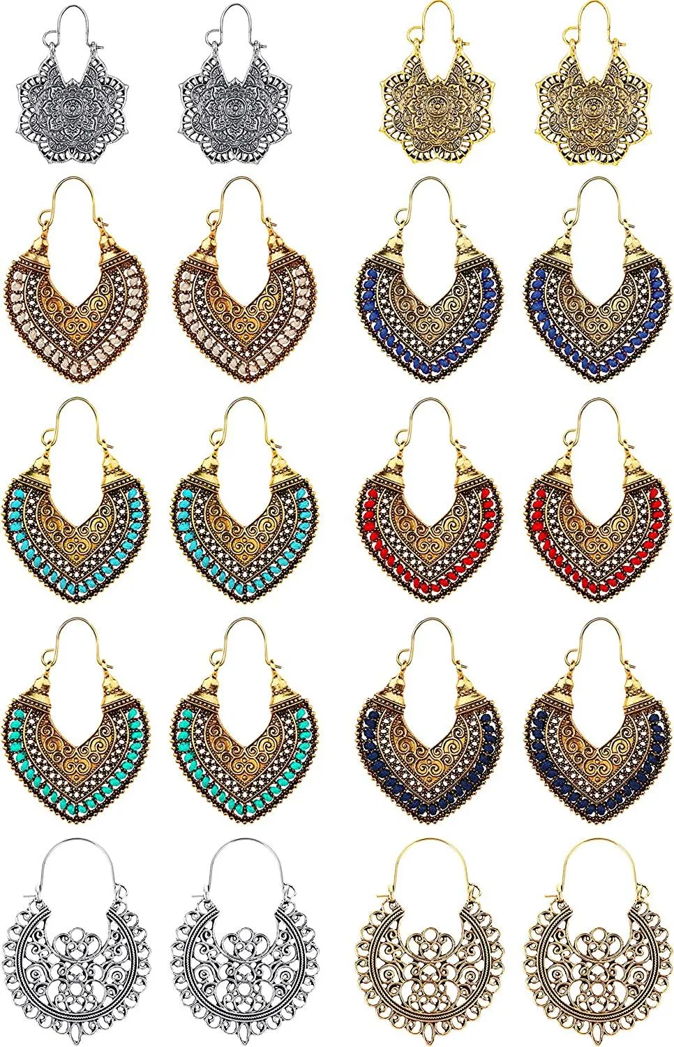 10 Pairs Vintage Gypsy Tribal Mandala Flower Drop Dangle Earrings for Women Bohemian Retro Hollow Ethnic Earrings Set - Grocery