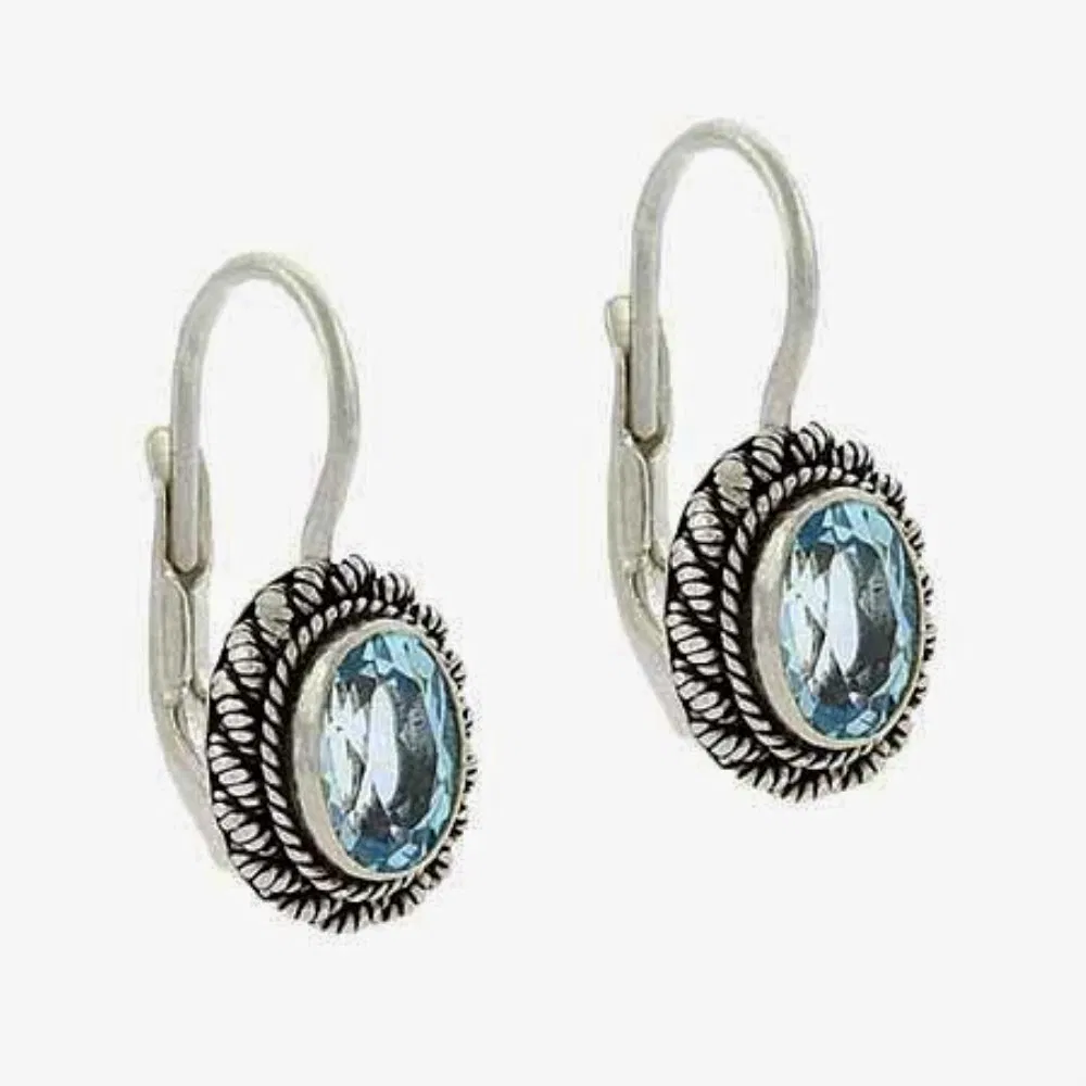 Sterling Silver .925 Genuine Blue Topaz Stone Oval Twist Border Dangle LeverBack Lever Back Earrings - Grocery