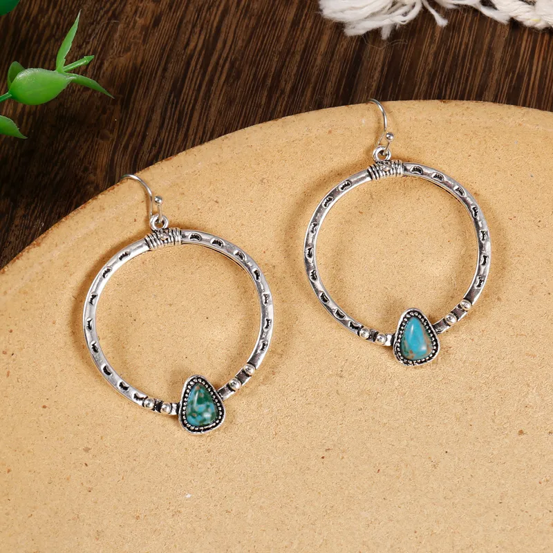 Bohemian Hollow Big Circle Drop Earrings Vintage Blue Stone Women's Exaggerated Ear Jewelry - Grocery