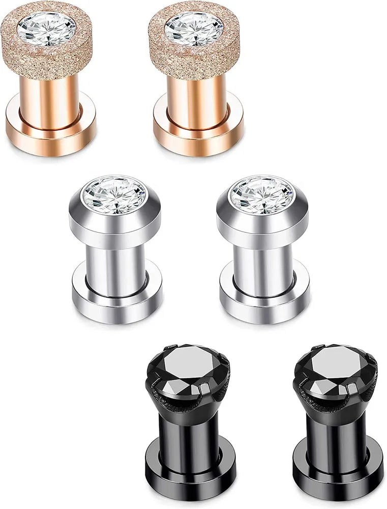 3 Pairs Stainless Steel Ear Gauges CZ Screw Tunnels Ear Stretcher plugs and tunnels Expander Body Piercing - Grocery
