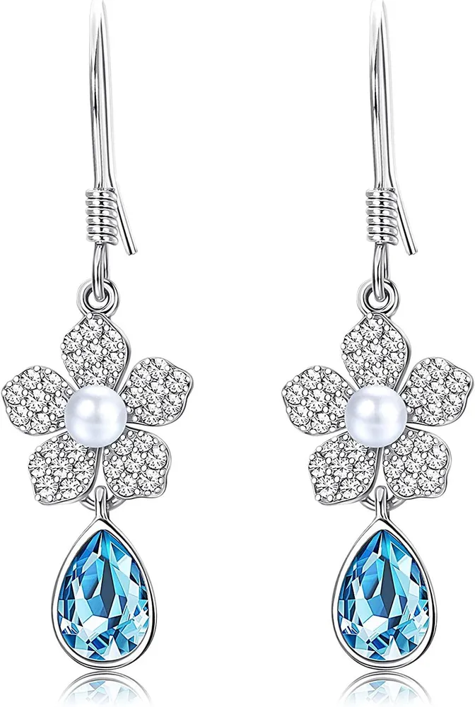925 Sterling Blue Teardrop Earrings Austria Crystals Flower Dangle earrings Pearl Drop Earrings for Women - Grocery