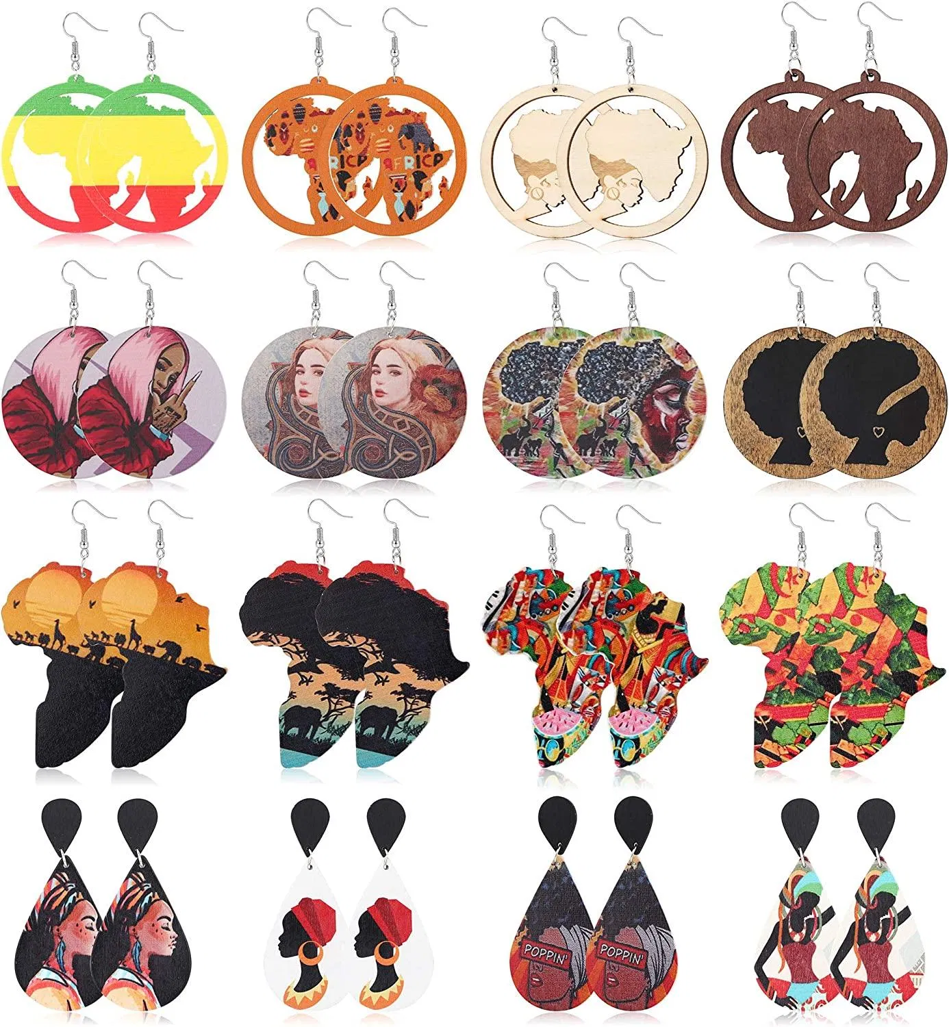 16 Pairs African Wooden Dangle Earrings for Women Round Map Teardrop Wood Statement Earrings Painted Ethnic Style Earrings - Grocery