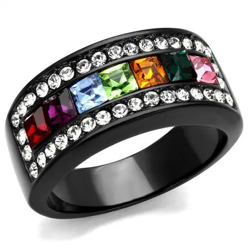 TK1402J - IP Black(Ion Plating) Stainless Steel Ring with Top Grade Crystal in Multi Color - Grocery