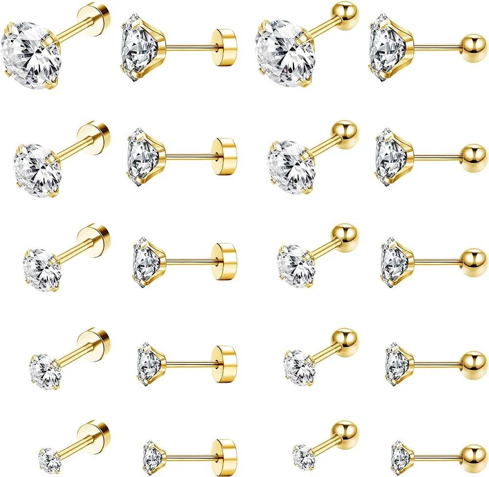 10 Pairs Stud Earring Set for Men Women Hypoallergenic Round Cubic Zirconia Earring 316L Stainless CZ Earrings Multi Piercing Ears - Grocery