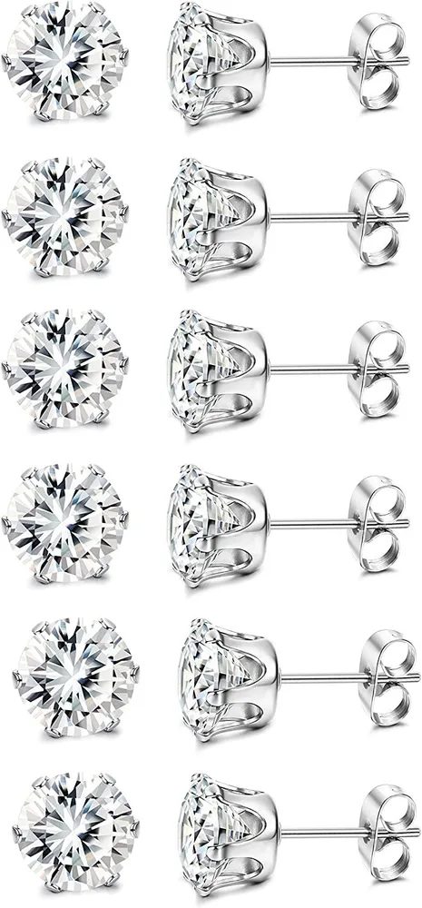 6 Pairs Stainless CZ Stud Earring Ear Stud Earring Set for Men Women - Grocery