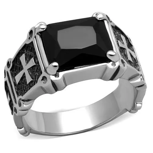 TK2055 - High polished (no plating) Stainless Steel Ring with Synthetic Synthetic Glass in Jet - Grocery