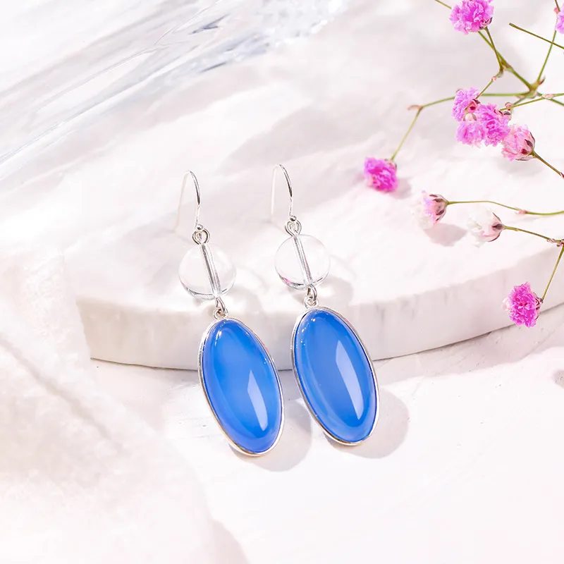 S925 Silver Inlaid Blue Chalcedony Earrings long Round White Crystal Pendant Chinese Style Earrings - Grocery