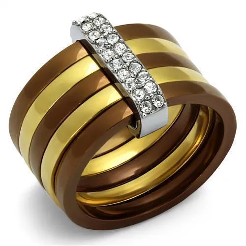 TK2601 - Three Tone IP(IP Gold & IP Light coffee & High Polished) Stainless Steel Ring with Top Grade Crystal in Clear - Grocery