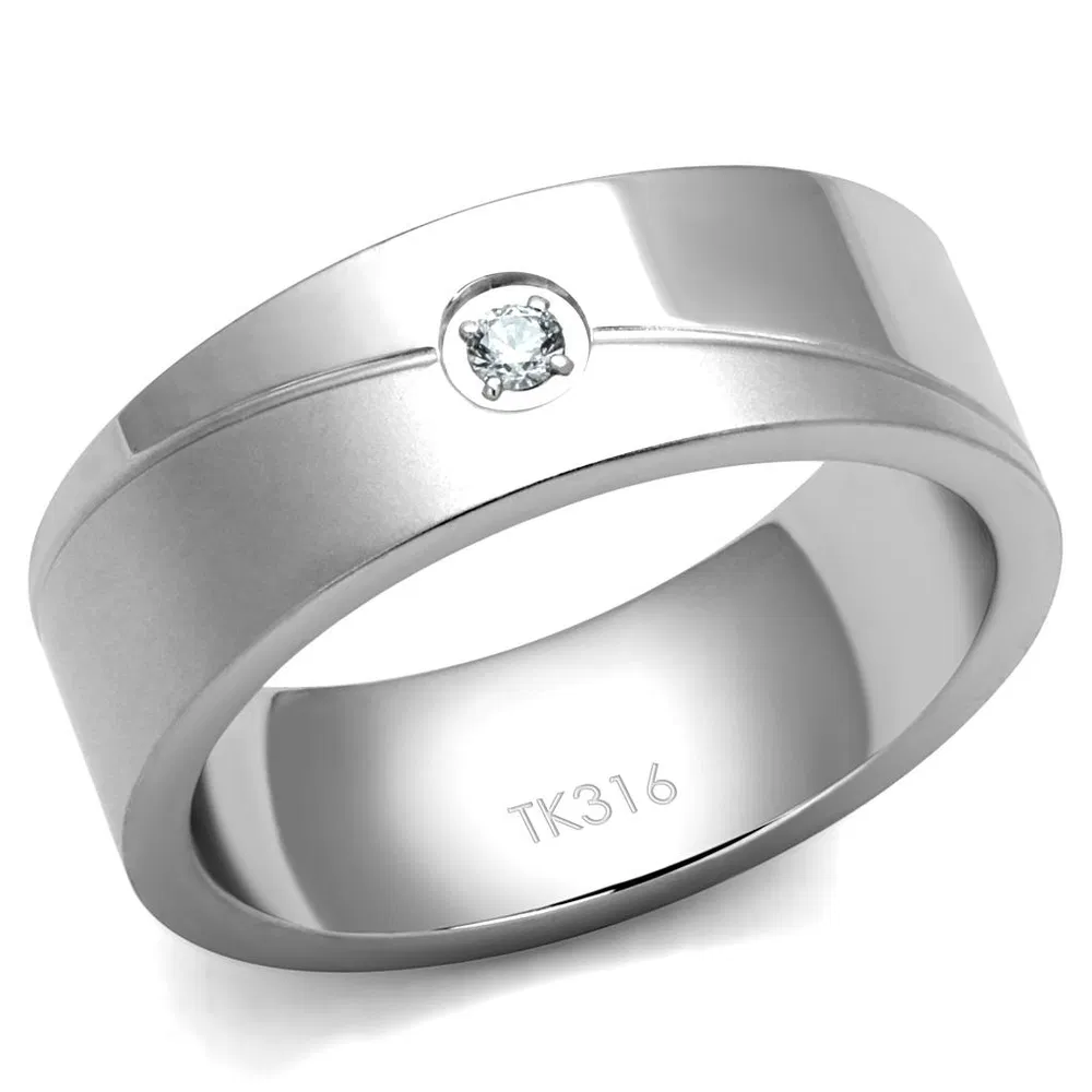 TK2937 - High polished (no plating) Stainless Steel Ring with AAA Grade CZ in Clear - Grocery