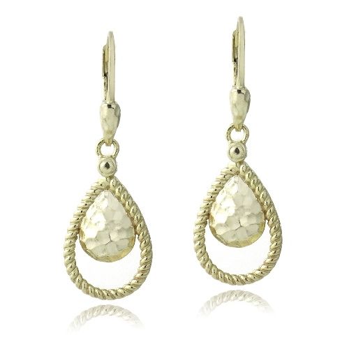 Gold Tone over Sterling Silver Hammered Teardrop Dangle Earrings - Grocery